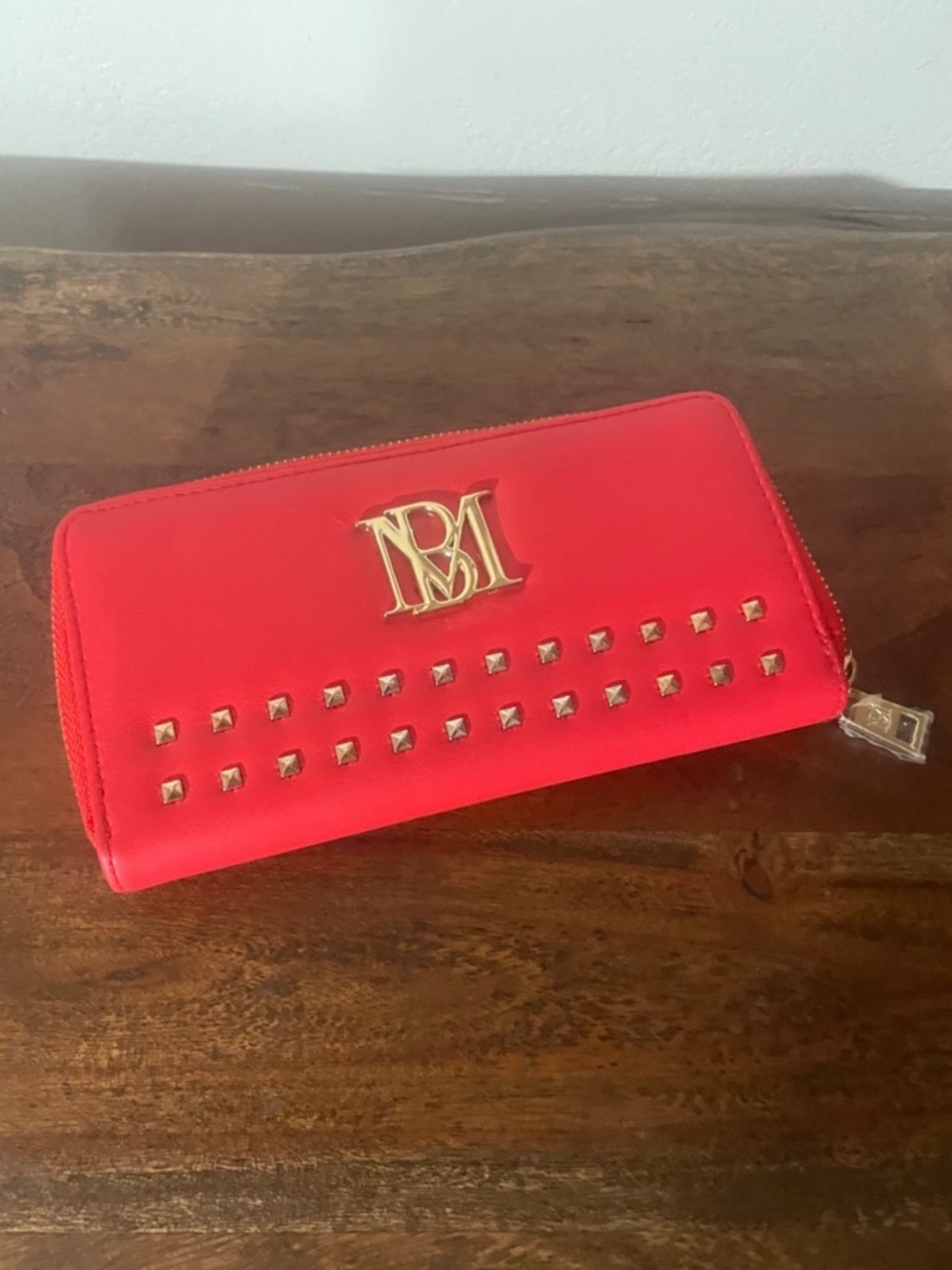 NWOT Badgley Mischka Red Studded Vegan Leather Zip Wallet